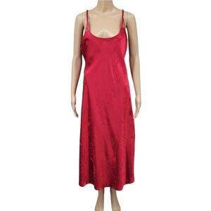Inner Most Vintage Satin Jacquard Red Midi Slip Dress Nightgown